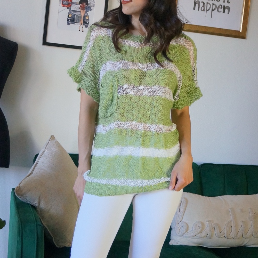 Fashion BLVD White & Green Oversized Knitted Short Sleeve Top Striped - Picture 2 of 8